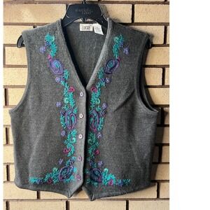 VTG Lucia Women's Wool Gray Embroidered Button Front Knit Granny Vest Size L